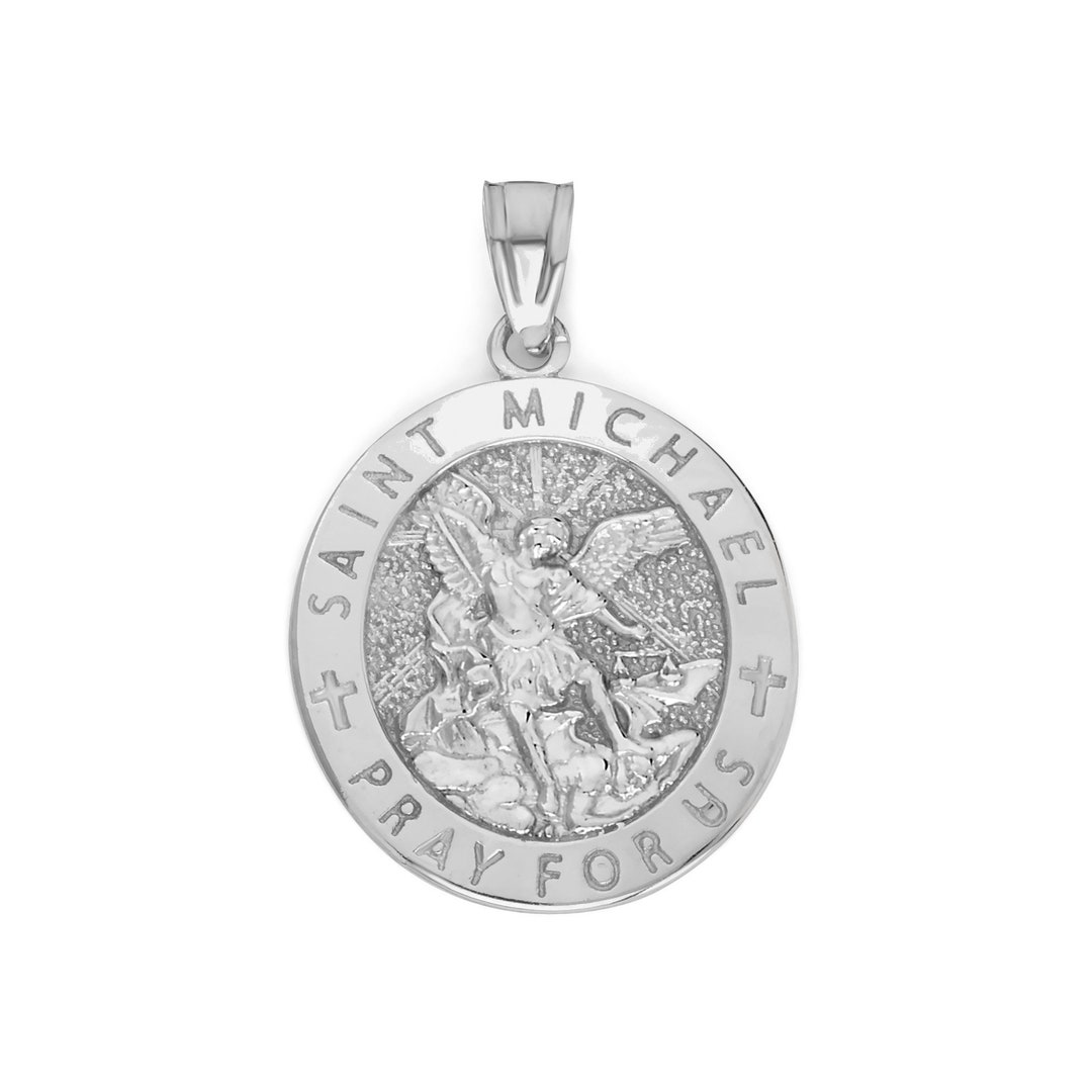 14k White Gold Saint Michael Pendant Archangel Medallion Protection