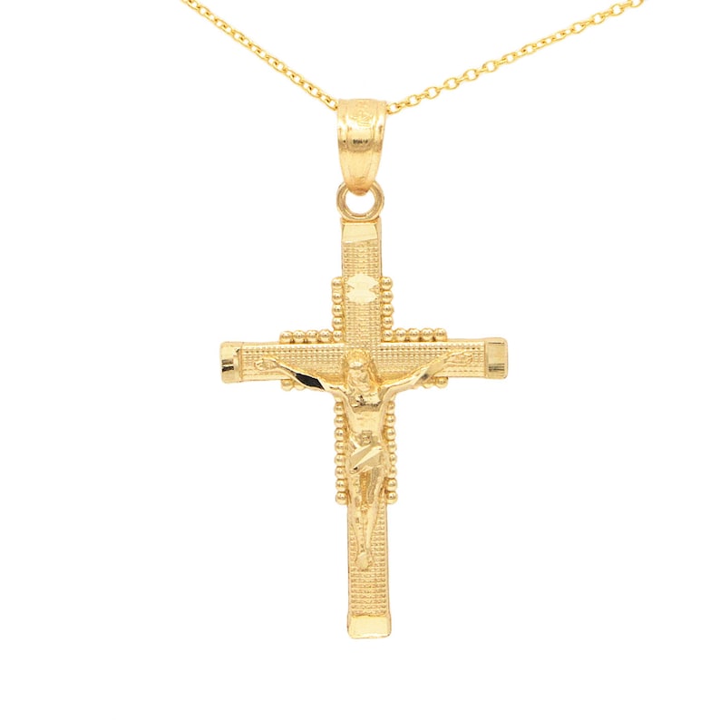 14K Yellow Gold Classic Cross Religious Charm Pendant with 0.8mm Box Chain Necklace