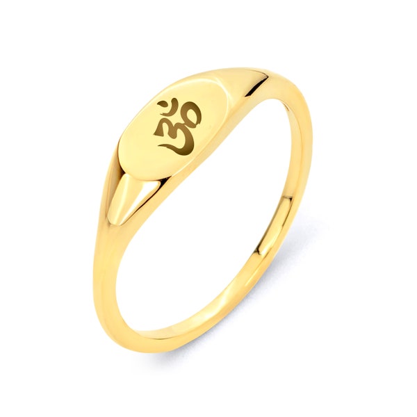 10k Gold Aum Ring, Custom Engraved Om Signet Ring, Hindu Symbol of Absolute, Meditation Jewelry, Solid Real Gold Yoga Ring Gifts For Her