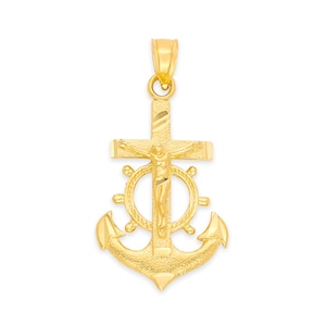 14k Gold Jesus Anchor Pendant: Nautical Crucifix Necklace