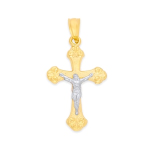 14k Two Tone Solid Gold Crucifix Pendant - Catholic Religious Jewelry