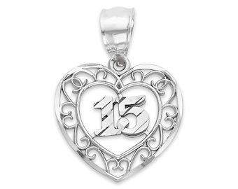 Sterling Silver Heart Quinceañera Pendant: 15 Años Birthday Gift