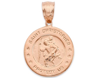 Solid 10K Rose Gold Saint Christopher Pendant: Religious Patron Saint Jewelry