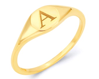 10K Gold Initial Signet Ring Available in All Letters - Real Solid Gold Stacking Ring for Her Engraved with Initial - Personalized Gold MIDI