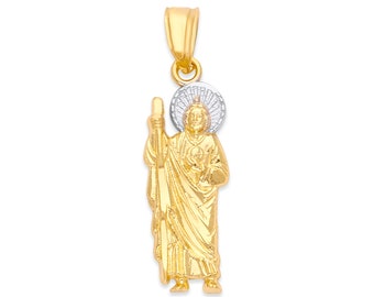 Colgante de San Judas Tadeo en oro macizo de 10 quilates: collar religioso bicolor
