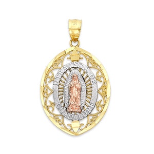 Colgante de la Virgen de Guadalupe en oro macizo real de 10k o 14k para collar con acabado de corte de diamante, amuleto de la Virgen María, regalo católico para su bautismo