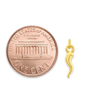 Puede incluir: Encanto de color dorado en forma de cuerno de la abundancia, símbolo de abundancia y buena suerte. El encanto se muestra junto a un centavo estadounidense para comparar el tamaño.