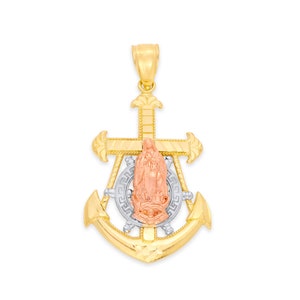 Tricolor Solid Gold Guadalupe Anchor Pendant: 10k/14k Virgin Mary Charm
