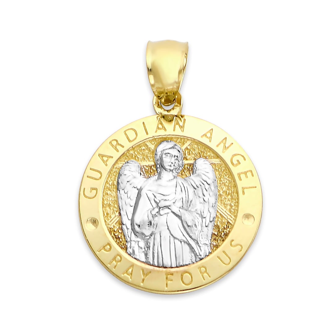 14k Gold Guardian Angel Medal, Solid Gold Angel Pendant for Protection