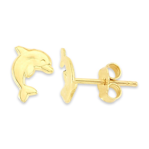 Real Solid Gold Dolphin Stud Earrings in 10k or 14k Gold, Dainty Animal Sealife Jewelry Earrings