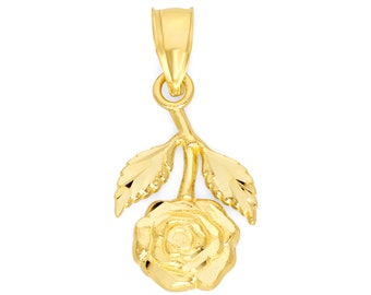 14k Yellow Gold Rose Necklace with Diamond Cut Finish, Solid Gold Hanging Rose Pendant with Option to Add Gold Chain