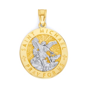 14k Two Tone White and Yellow Real Solid Gold Saint Michael Medallion Necklace, Solid Gold Saint Michael Pendant with Option to Add Chain
