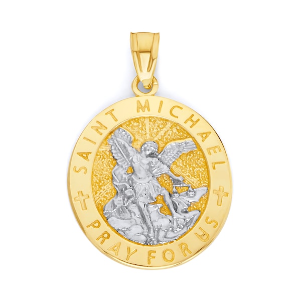 14k Two Tone White and Yellow Real Solid Gold Saint Michael Medallion Necklace, Solid Gold Saint Michael Pendant with Option to Add Chain