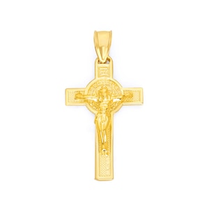 Real Solid 14k Gold Saint Benedict Crucifix Pendant Necklace Gold Cross Charm Catholic Jewelry
