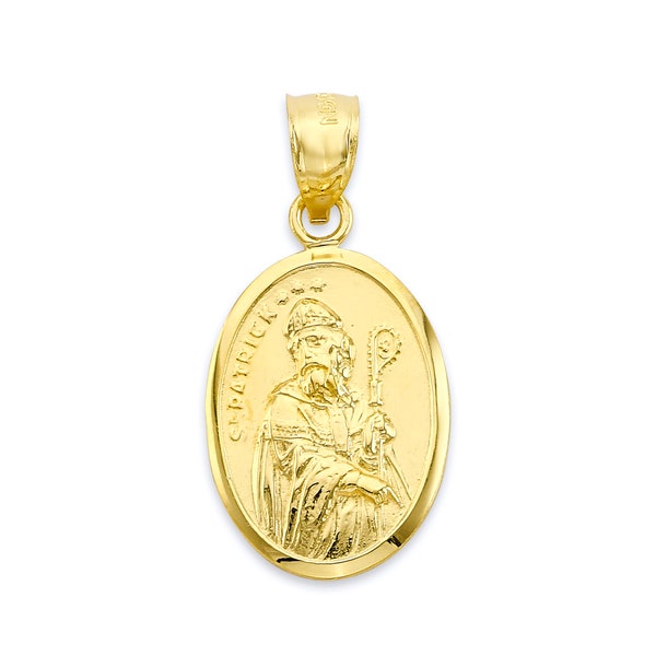 Real Solid Gold Saint Patrick Pendant in 10k or 14k, Oval Religious Medal Saint Protection Jewelry