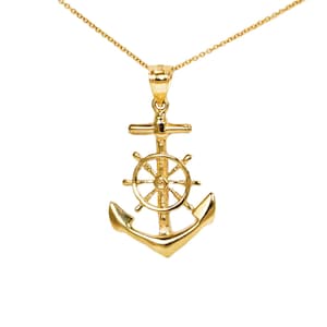 10k Gold Anchor and Ship Wheel with Thin Gold Chain, Large Gold Anchor Charm for Charm Necklace, Anchor Ship Wheel Pendant, Sailing Jewelry