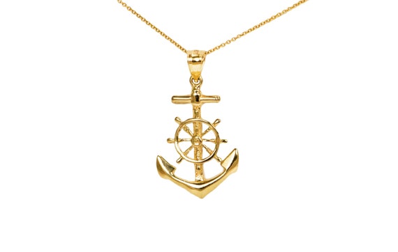 10k Gold Anchor & Ship Wheel Pendant Necklace: Sailing Jewelry 