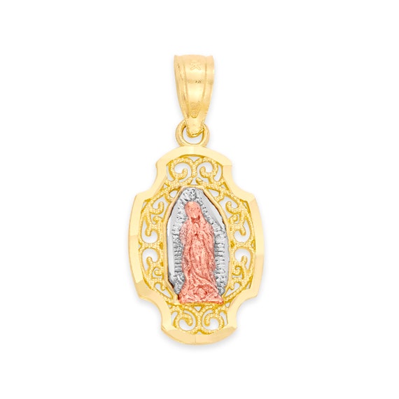 14K 3色 ソリッドゴールドダイヤモンドカット グアダルーペの聖母スタンプ 宗教的チャームペンダント 0.6mmボックスチェーンネックレス ゴールド並行輸入 真珠層 グアダルーペの聖母 スカプラネックレス メダルネックレス