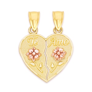 14K Yellow Gold SmallTe Amo Couple Broken Heart Charm Pendant For Necklace or Chain 14K Yellow Gold SmallTe Amo Couple Broken Heart Charm Pendant For Necklace or Chain