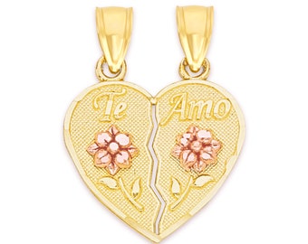 10k Solid Gold Te Amo Breakable Heart Pendant Necklace: Two-tone