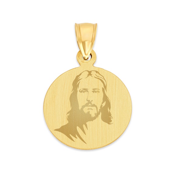 10k Gold Engraved Jesus Face Coin Necklace, Jesus Christ Pendant 