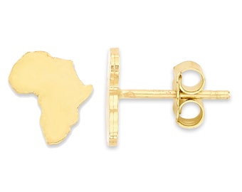 Real Solid Gold Africa Stud Earrings in 10k or 14k Gold, Dainty Continent Jewelry Earrings Finished in Satin