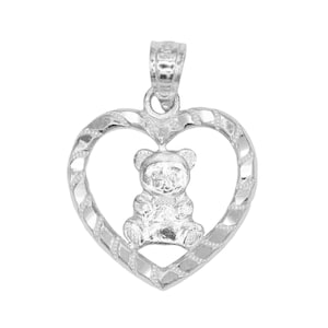 925 Sterling Silver Teddy Bear Charm in Heart Frame, Diamond Cut Finished Teddy Bear Necklace, Silver Pendant with Rolo Chain