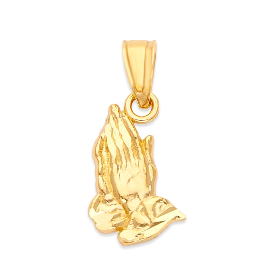 10k Solid Gold Dainty Religious Prayer Hands Symbol Pendant Necklace Polished Finish Faith Pray for Us Jewelry