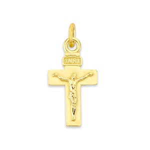 Mini Real Solid Gold INRI Crucifix Charm Available in 10k or 14k Gold, Dainty Cute Cross to attach to Charm Bracelet or Necklace