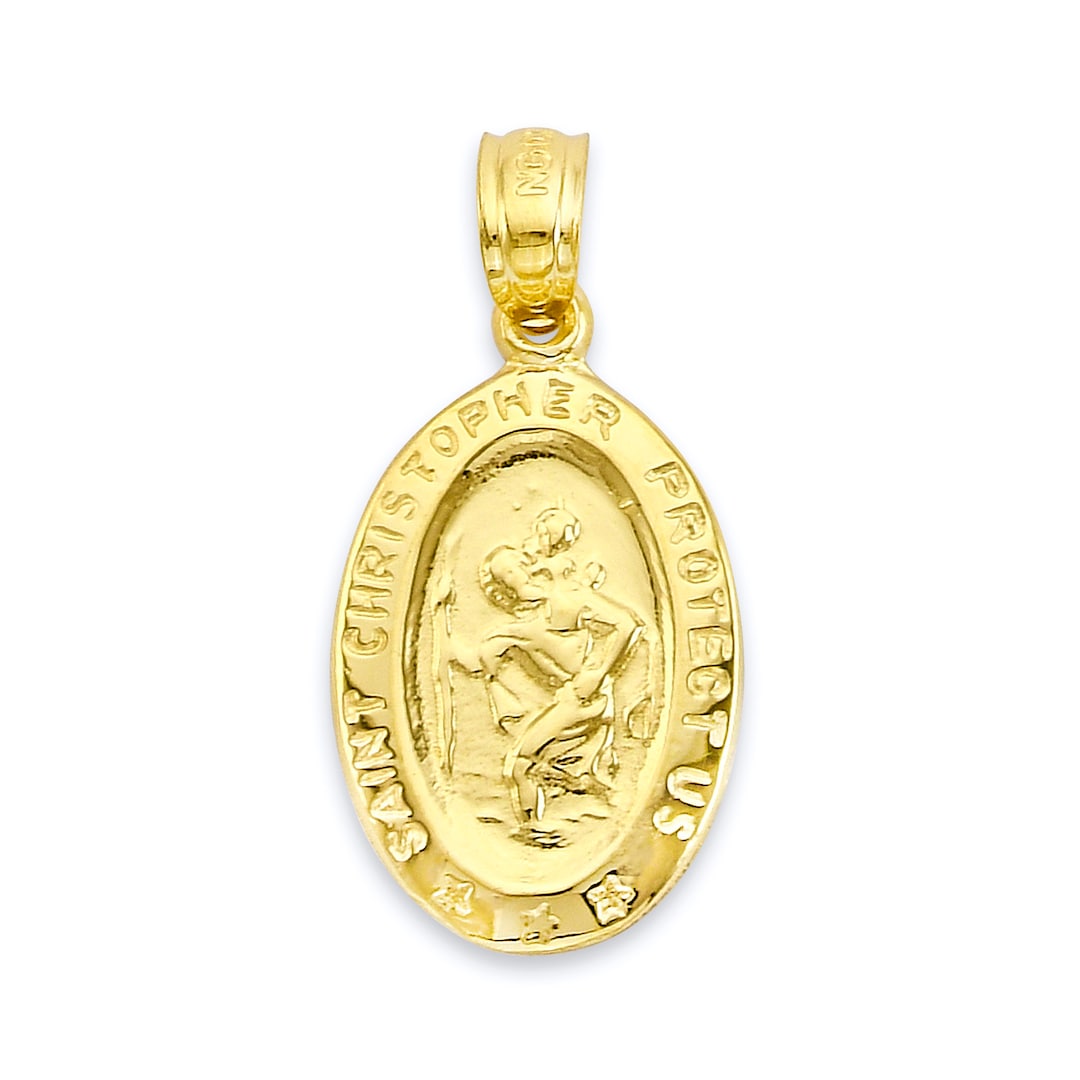 Solid Gold Saint Christopher Pendant Available in 10k or 14k Gold, Antique Finish Religious
