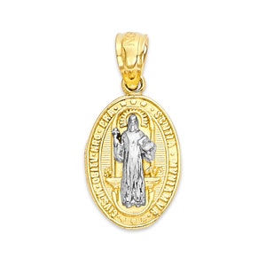 Dainty Solid Gold San Benito Medallion Pendant: 10k/14k Oval Saint Benedict Necklace