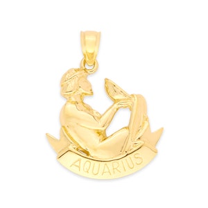 10k Gold Large Aquarius Astrology Pendant, Aquarius Zodiac Medal for Necklace, Horoscope Charm for Layered Necklace, Gold Zodiac Jewelry