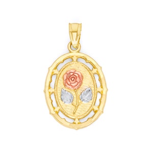 10k massief driekleurige gouden roos-hangerketting met gouden ketting, sierlijke ovale bloemmedaille met diamantgeslepen afwerking, romantische cadeaus