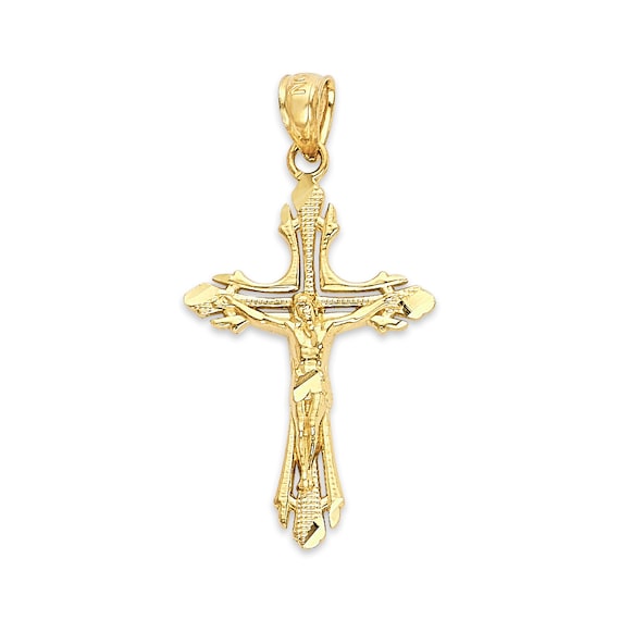 14K 純金十字架ネックレス(ダイヤモンドカット仕上げ)、イエス 14K 純金十字架ネックレス(ダイヤモンドカット仕上げ)、イエス