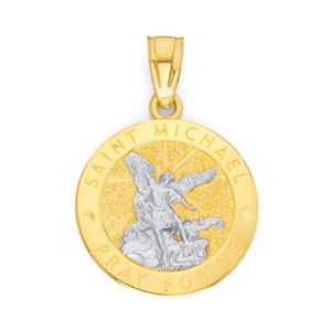 14k Two Tone White and Yellow Real Solid Gold Saint Michael Medallion Necklace, Gold Saint Michael Pendant with Option to Add Gold Chain