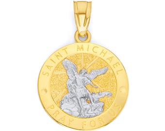 14k Two-Tone Solid Gold Saint Michael Medallion Pendant