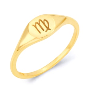 10k Gold Zodiac Signet Ring, Real Solid Gold Custom Stacking Ring, Personalized Horoscope Jewelry Stacking Zodiac Ring All Zodiacs Available