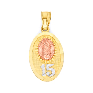 10k Tricolor Gold Quinceanera Necklace: Virgen de Guadalupe Pendant