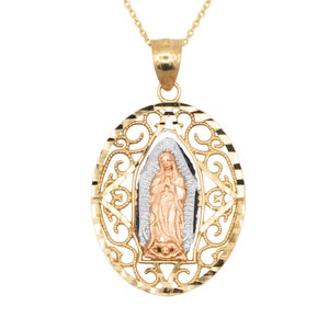 Virgen de Guadalupe Pendant Charm Necklace Real 14K Solid Tricolor Gold Rose Virgen de Guadalupe Pendant Charm Necklace Real 14K Solid Tricolor Gold Rose