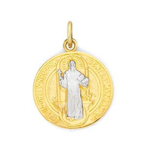 Solid Gold Saint Benedict Medallion Charm: Double Sided 10k/14k