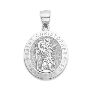 May include: Silver pendant featuring Saint Christopher carrying a child, with the inscription "Saint Christopher Pray For Us".