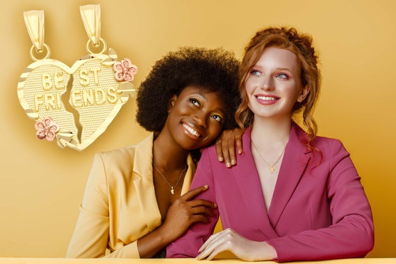 14k Solid Gold Best Friends Heart Necklace Friendship Pendant for