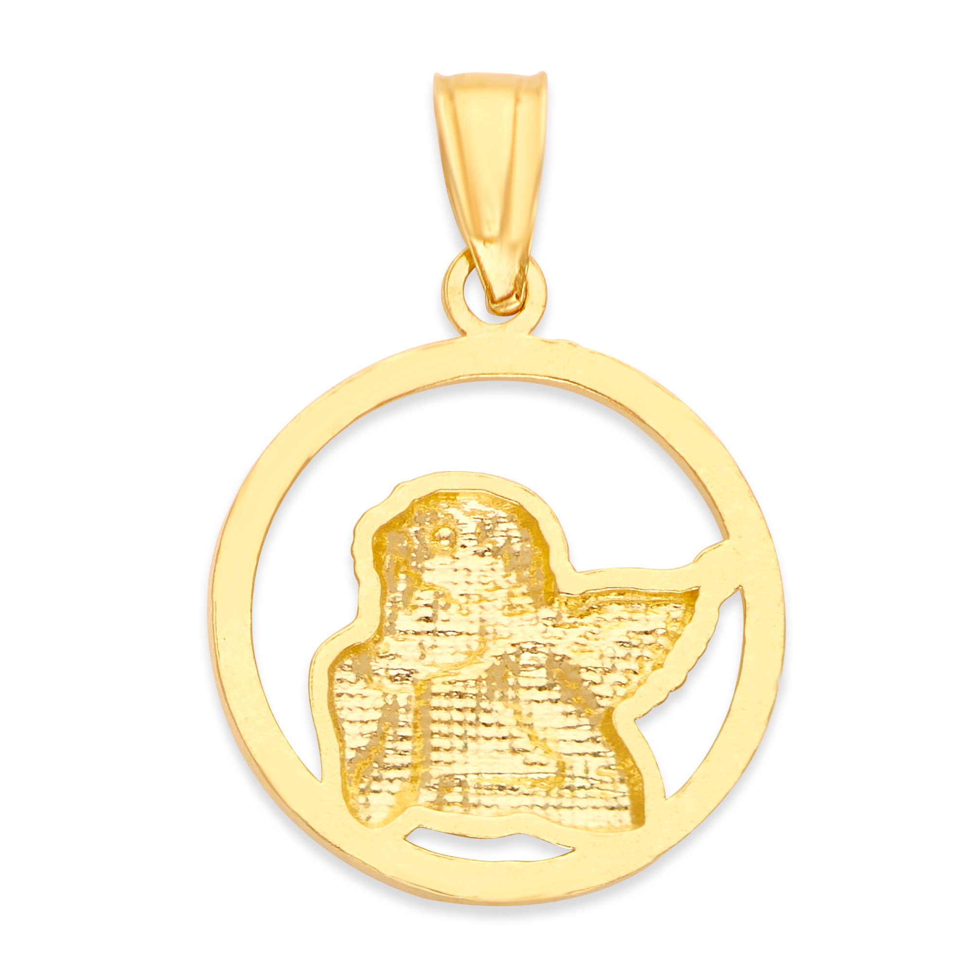 14k Solid Gold Round Frame Angel Pendant Necklace Religious Etsy