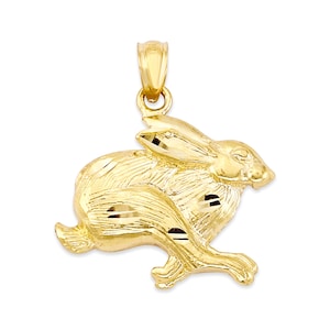 14k Solid Gold Rabbit Pendant: Diamond Cut Easter Bunny Necklace