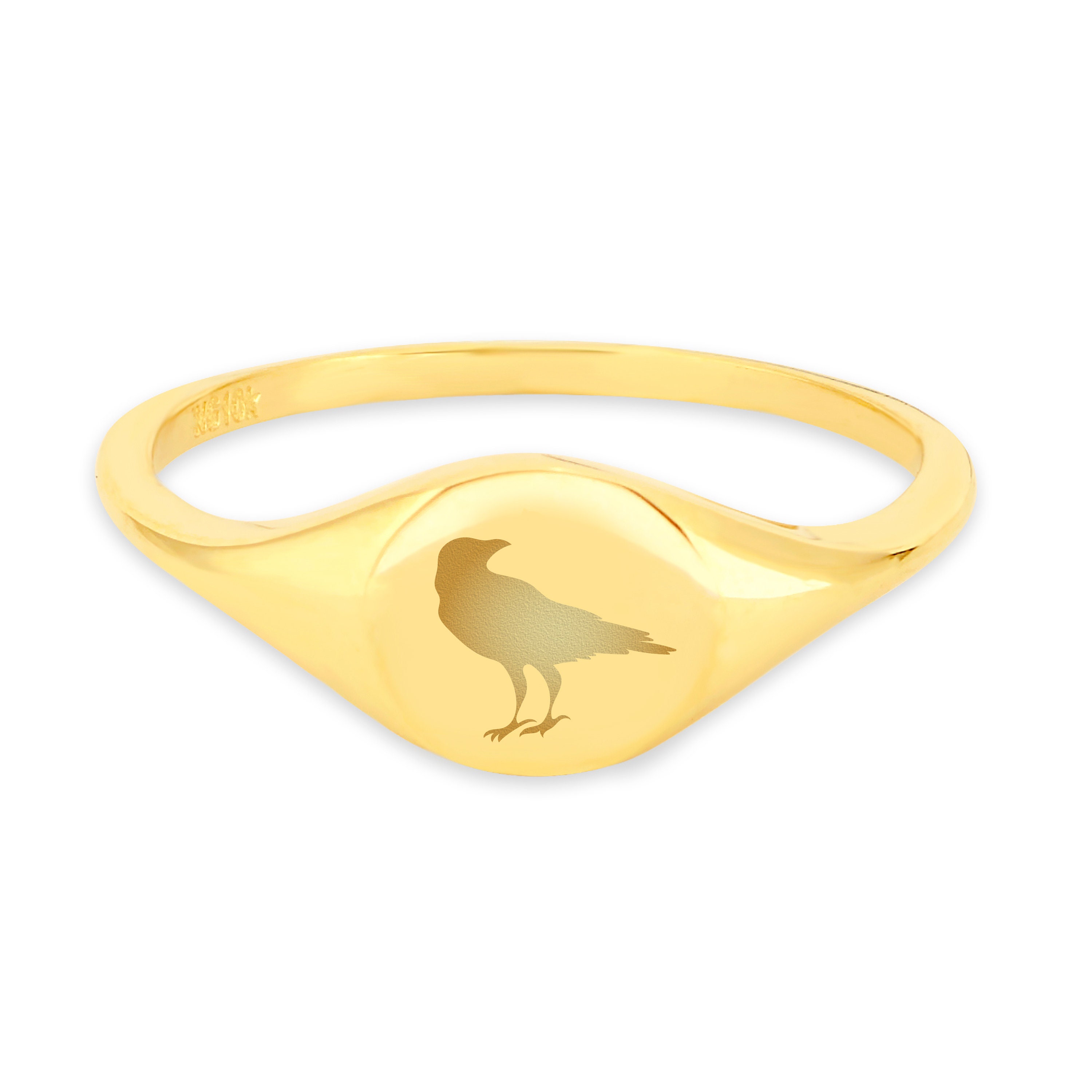10k Gold Raven Signet Ring Engraved Black Bird Signet Ring - Etsy