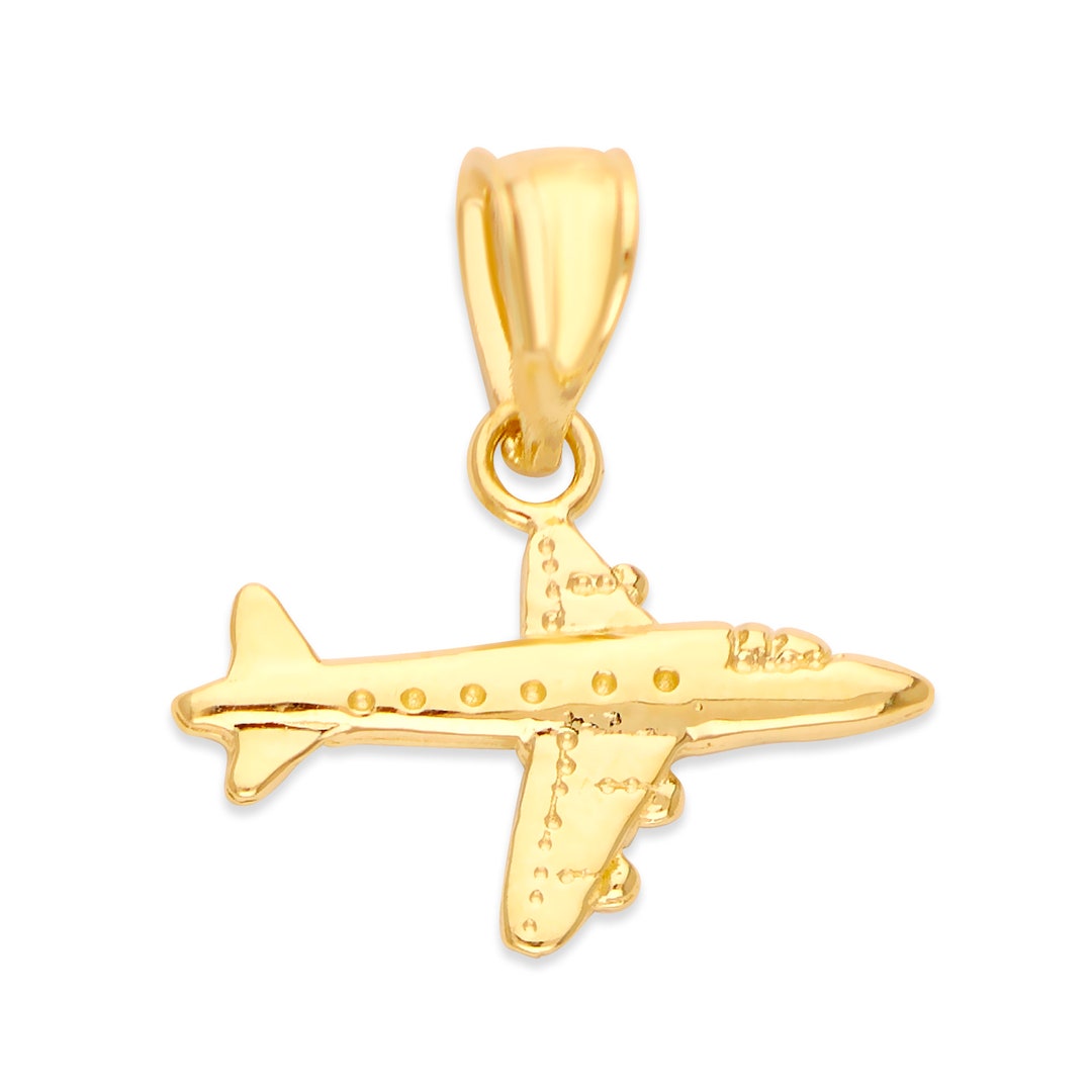 10k Real Solid Gold Airplane Necklace With Gold Chain, Pilot Gift