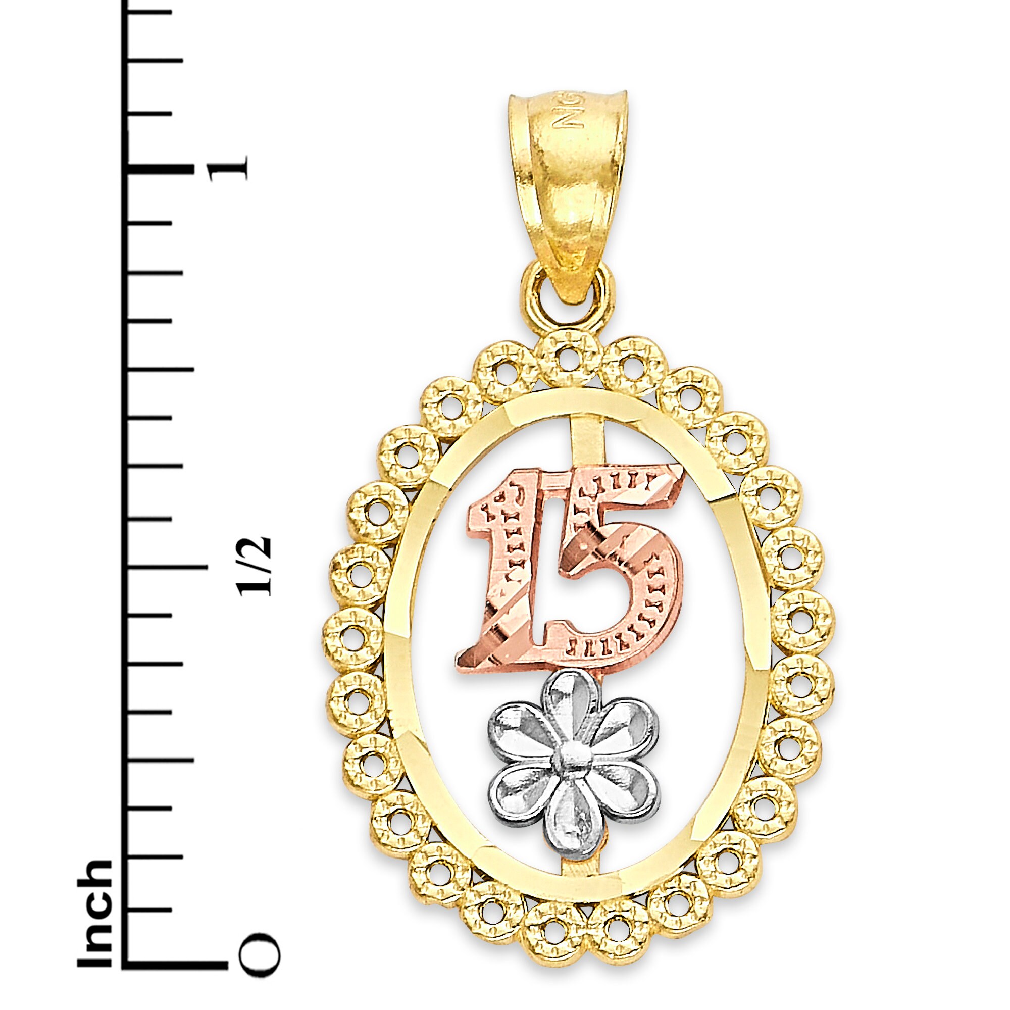 10k White Gold Sweet 15 Quinceanera Pendant - Heart With Cubic Zirconia And Number 15
