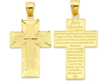 Real Solid 10k/14k Gold Cross Pendant with Padre Nuestro Written on the Back
