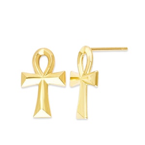 10k Solid Gold Ankh Earrings, Egyptian Stud Earring Gifts for Her, Anniversary Gift, Gold Symbol of Life Jewelry, Hip Hop Jewelry for Women