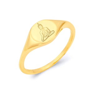 Gold Buddha Ring 10k & 14k Gold Signet Ring Engraved Yoga Jewelry Meditation Ring Gold Anniversary Gift for Her Prayer Ring Thai Buddha
